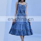 TWOTWINSTYLE Square Collar Sleeveless High Waist Cross Sling Midi Ladies Denim Dresses thumbnail-1