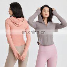 Top Selling Custom Logo Gym Yoga Wear Full Zip Hoodie Jacket Women Slim Compression Workout Fitness Activewear Crop Top thumbnail-1