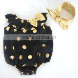 Hot Selling Baby Cute Romper, Polka Gold Dot And Floral Decoration Seaside Bella Romper With Headband,Jumpsuit For Baby Kids
