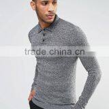 2016 New Design OEM Custom Long Sleeve Button Placket Men's 100% Cotton Knit 200g Casual Tight Skinny Slim Fit Grey Polo Shirt thumbnail-1