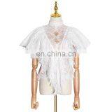 TWOTWINSTYLE Shirts For Women Butterfly Short Sleeve Loose Ruffles Hollow Out Irregular Hem Casual Lace thumbnail-2