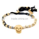Alloy skull head charm bracelet black silk ribbon woven alloy beads bracelet