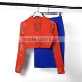 2016 New Summer Orande and Blue Two Pieces Set Mesh Long Sleeve Knee-length Sey Party Night Club Bandage Dress Wholesale thumbnail-6