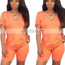 Clothing Manufacturers Custom Logo Women's Plus Size Summer V-neck Casual Sports T-shirt + Shorts Jogging Suit thumbnail-4