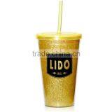 Glitter Paper Inserted Plastic Tumbler With Straw