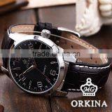 Orkina Mens Black Leather Stainless Steel Case Chrono Date Display Analog Sport Quartz Wrist Watch thumbnail-3