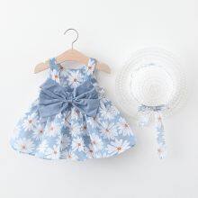 New Summer Girl Dress Sweet Sleeveless Small Flower Print Big Bow Cotton Cloth Dress Set
