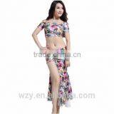 Blue Adult Dazzle Belly Dance Practice Costumes Printing Spandex Fabric