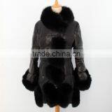 2015 New fashion women leather coat with fox fur trim hot sale factory price