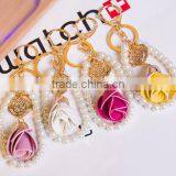 New Arrived PU Lethe Rose Flowers Key Chain Fashion Female Pearls Alloy Rhinestone Floral Decoration Key Ring Bags Pendant