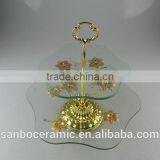 Wholesale Glass Cake Stand, Two Tier Golden Glass Cake Stand With Flower Decoration thumbnail-2