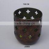 Metal Votive Made in Iron Two Tone Antique Brass and Green Inside Cross Flower Pattern thumbnail-1