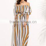 Woman Fashion Striped Off The Shoulder Tie Waist Chiffon Maxi Dress thumbnail-2