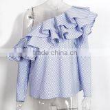 2017 New Arrival Fashion Design Women Stripe off the Shoulder High Low Long Sleeve Blouse thumbnail-5