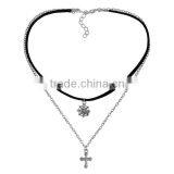 Velvet Suede Double Layer Halloween Choker Necklace Tone & Antique Silver Black Cobweb Cross 33.5cm Long thumbnail-2