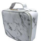 Makeup Travel Case With Adjustable Dividers Marble Makeup Organizer Train Case for Women Portable Cosmetic Bags Green Geometric thumbnail-3