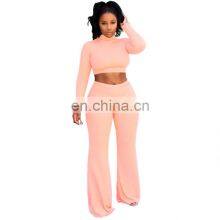 Spring and Summer New Sexy Casual Suit Women Solid Color Round Neck Long-sleeved Wide-leg Pants Suit Manufacturers Wholesale thumbnail-1
