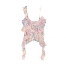 European and American Style Women's New Layered Decorative Printed Silk Mesh Asymmetrical Top thumbnail-3