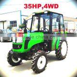 35HP small tractor with front loader 4in1 bucket and backhoe,4cylinders,8F+2R shift,with Cabin,heater,fan,fork,blade