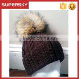 A-534 Cable Knit Beanie With Fur Pom Pom Raccoon Fur Pom Knitting Beanie Fur Pom Knit Pattern Cable Beanie thumbnail-1