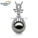 Beautiful Chinese Lute Shape Tahiti AAAA Top Qualtity Round Black 10-11mm 925 Silver Sea Pearl Pendant thumbnail-1