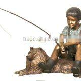 Bronze Boys Fishing Statue Sitting on a Lion Sculpture in Garden thumbnail-2
