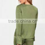 MGOO High Quality Custom Khaki Satin Jackets Crepe Satin Flare Sleeves Custom Cardigan Casual Wear thumbnail-5