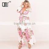 Blouson Long Sleeve Pink White Floral Printed Plus Size Wrap Maxi Long Dress thumbnail-1