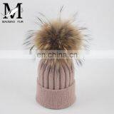 Top Quality Big Fur Pom Pom Kids Hats Raccoon Fur Balls Baby Knitted Hat thumbnail-4