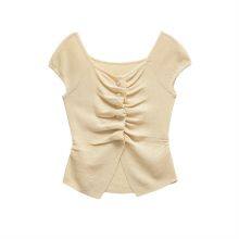 2025 Spring New Knitted Shirt Women's European and American Style Round Neck Solid Color Loose Hoodie With Wrinkles thumbnail-4