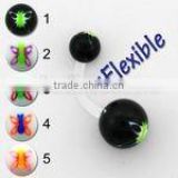 PTFE banana belly ring (clear) with acrylic butterfly balls - 14g, 3/8", 5+8mm balls