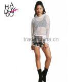 HAODUOYI Fashion Soild Mesh Hollow Out Women Hooded T-shirt Long Sleeve White Brief Lady Short Tops for Wholesale thumbnail-1