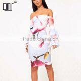 Ruffle Flare Sleeve Digital Floral Print off Shoulder Bodycon Bardot Dress thumbnail-1