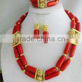 2 Rows Fashion Jewelry!!! Red Coral and Yellow Shell Pearl Beads Jewelry Set thumbnail-1