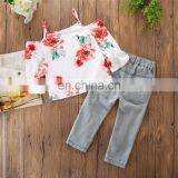 Girl Summer 2PCS Outfit Kids off Shoulder Flower Print Tops & Broken-hole Jeans Set thumbnail-3