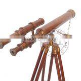 BROWN ANTIQUE BRASS TELESCOPE WITH WOODEN STAND - COLLECTIBLE MARINE 18" TELESCOPE ON STAND thumbnail-1