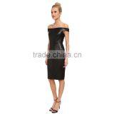 Black Slim off Shoulder Women Summer Dress With Leather Fabric thumbnail-3