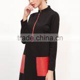 Black Stand Collar Contrast Pockets Zipper Dress Cotton Spandex Long Sleeve Color Block Casual Short Dress thumbnail-3