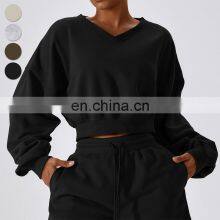 2024 Wholesale Blank Long Sleeve Crop Top V-neck Drop Shoulder Sweatshirts Custom Logo Pullover Sweatshirt For Women thumbnail-5