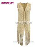Wholesale Camel Color Laser Cut Suede Long Cardigan With Fringe