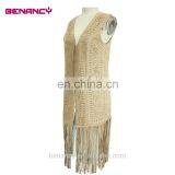 Wholesale Camel Color Laser Cut Suede Long Cardigan With Fringe thumbnail-2