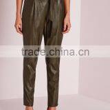 New Arrival Khaki Tie Waist Faux Leather Pants Women thumbnail-3
