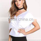 MGOO Custom Designs V Neck Tunic Fashion Cross White Satin Blouses 100% Polyester Sleeveless Tops thumbnail-5