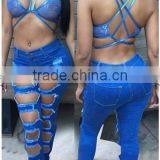 Women Brand Pants Ladies Casual Blue With Waist-length Ripped Distressed Female Jeans thumbnail-1