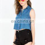 Woman Fashion Single Chest Pocket Cropped Denim Sexy Cotton Shirt thumbnail-4