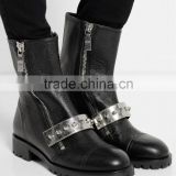 Womens fashion leather boots side zipper front metal straps retail ladies china boots black leather bootie