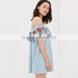 Denim Blue Embroidered New Pattern Clothes off Shoulder Short Jeans Dress Women thumbnail-4