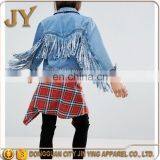 New Design Women Long Sleeve Summer Denim Midwash Blue Short Jackets With Fringed Back thumbnail-5
