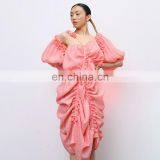 Elegant Irregular Asymmetrical Collar Lantern Sleeve High Waist Drawstring Dress Women thumbnail-4