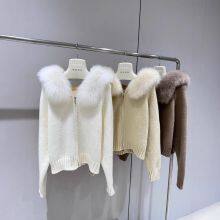 New Sweet Buttery Real Fur Big Fox Fur Collar Autumn and Winter Thick Knitted Sweater Young Fur Coat Cardigan Pull thumbnail-3